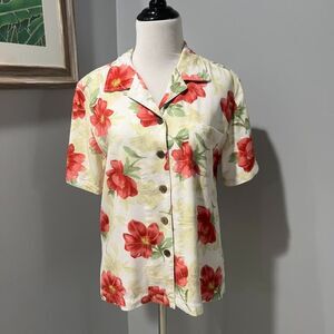 Vintage Y2K Tahiti Reef Club Floral Button-Up Short Sleeve Top Shirt Size Small